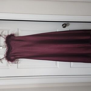 Maroon Satin dress with feathers